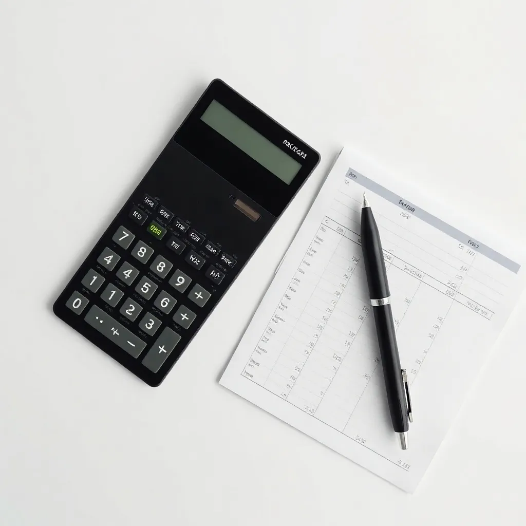 A minimalist overhead shot of a sleek financial calculator,