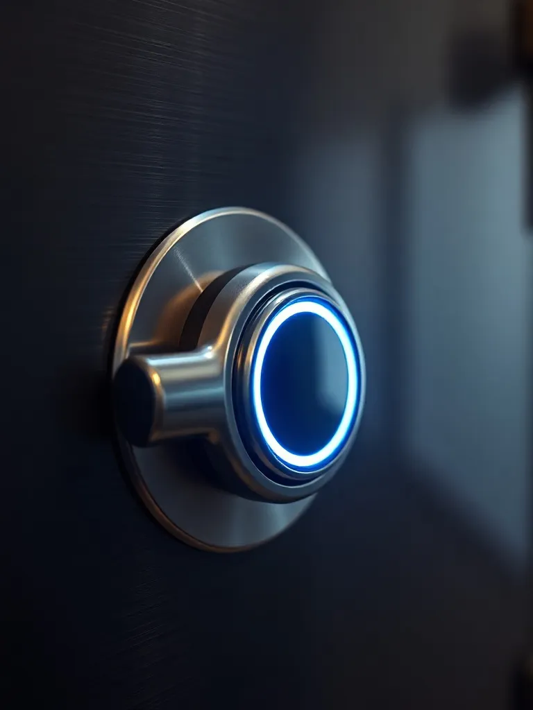 Close up of a modern digital safe handle with a glowing blue